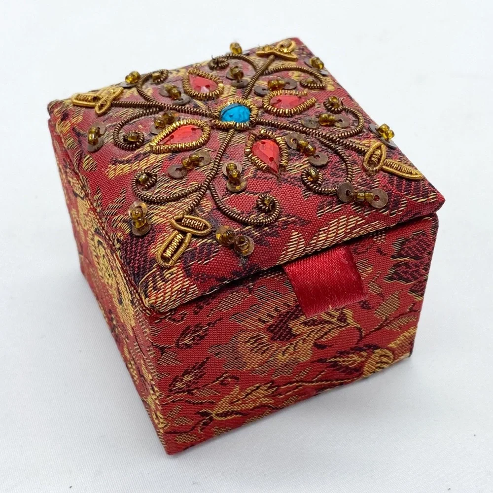 Vintage Boho Red Beaded Floral Fabric Trinket Box